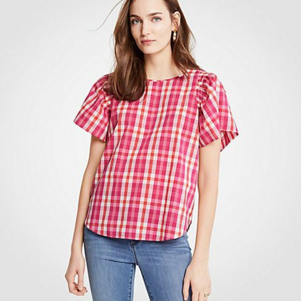 Ann Taylor gingham flutter sleeve top small